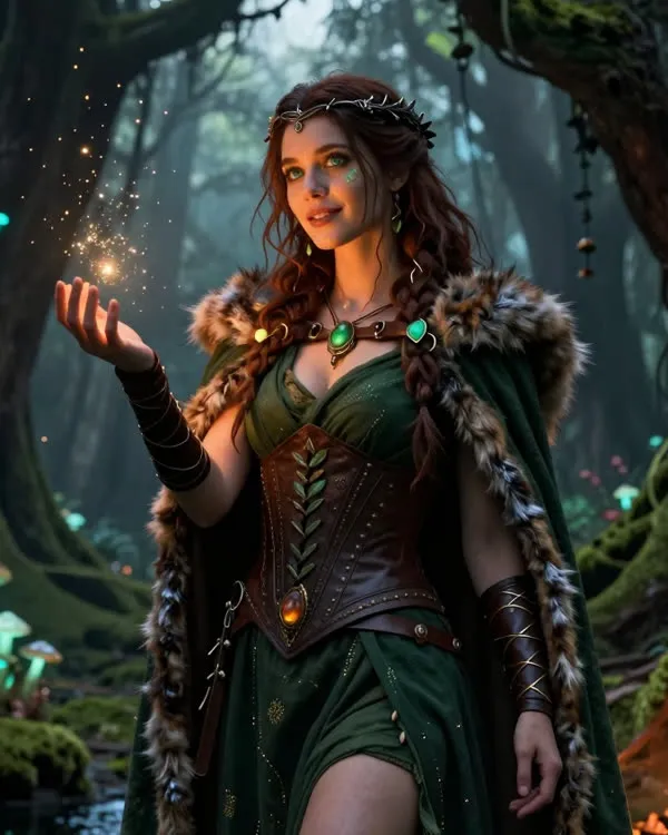 Companheira IA de roleplay de fantasia numa floresta encantada