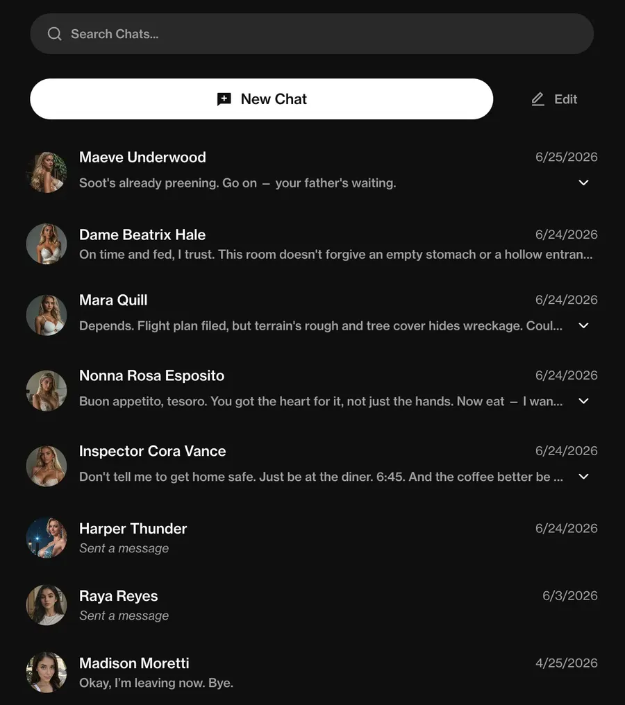 Lista de conversas com várias companheiras IA